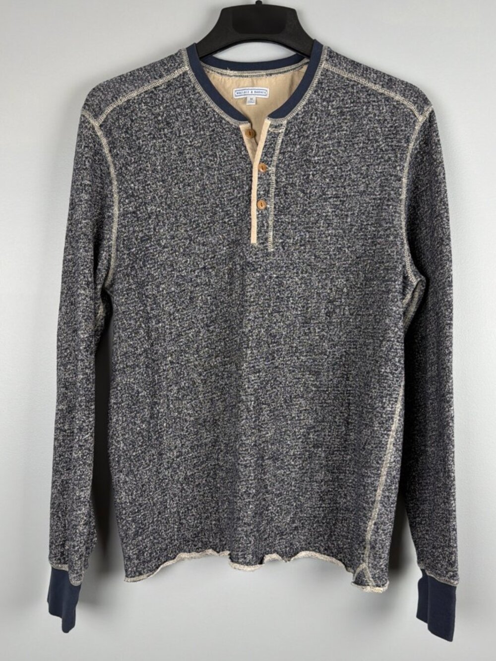 Wallace & Barnes Henley Shirt Mens M Blue French Terry Knit Pullover Long Sleeve